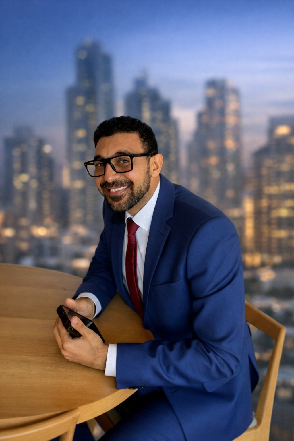 Mina Tawadros seated in a blue suit